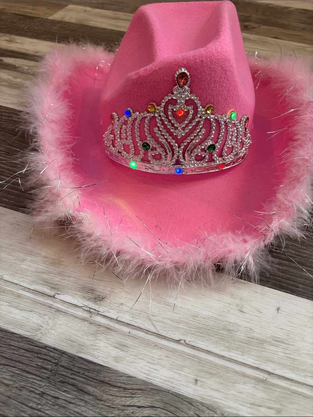 Pink women Feather Trim Cowgirl Hat with Tiara Accent